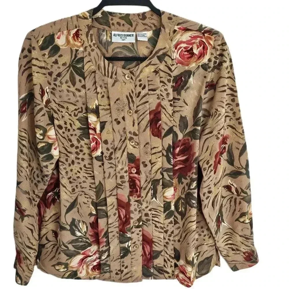 Alfred Dunner Womens‎ Petite 10P Blouse Floral Animal Print Pleated Button Front